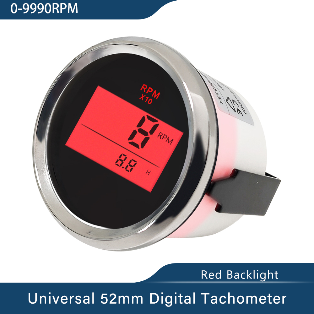 Waterproof Digital Tachometer REV Counter RPM Gauge with Hour Meter 9990RPM 52mm 9-32V Red Backlight for Car Boat Universal