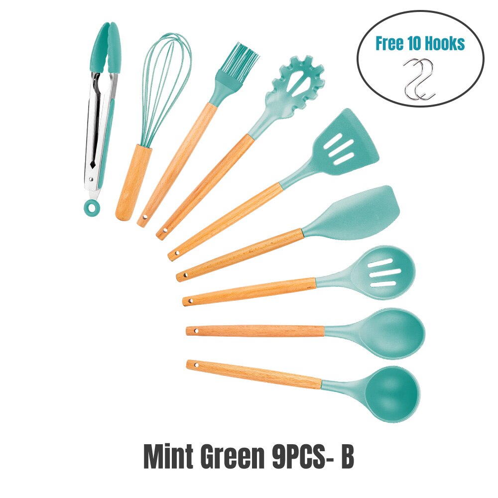 Silicone Cooking Utensils Set Kitchen Tools Cooking Sets Kitchen Utensils Silicone Kitchen Accessories Cooking Silicone Spatula: GREEN 9PCS-B