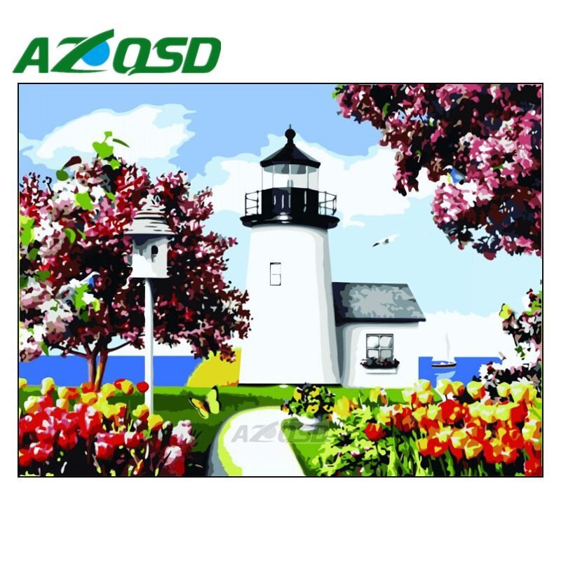 AZQSD Paint By Numbers Landscape Home Decor Acrylic Modular Digital Oil Painting Seaside Lighthouse Wall Art Frameless szyh160: 186
