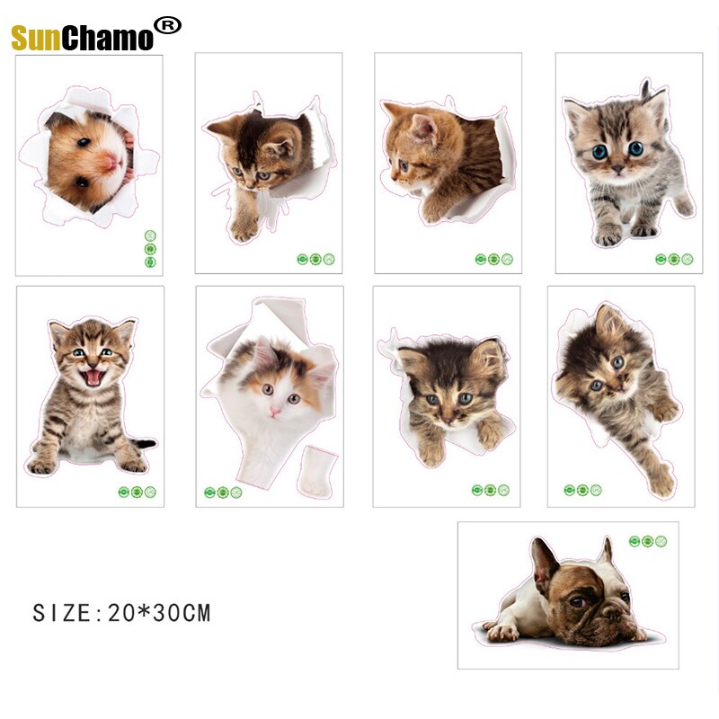 Grappige Hond Kat 3d Gat Wc Stickers Voor Wasruimte Huis Decoratie Diy Ainimals Pvc Muurschilderingen Cartoon Puppy Kitten Kids decals