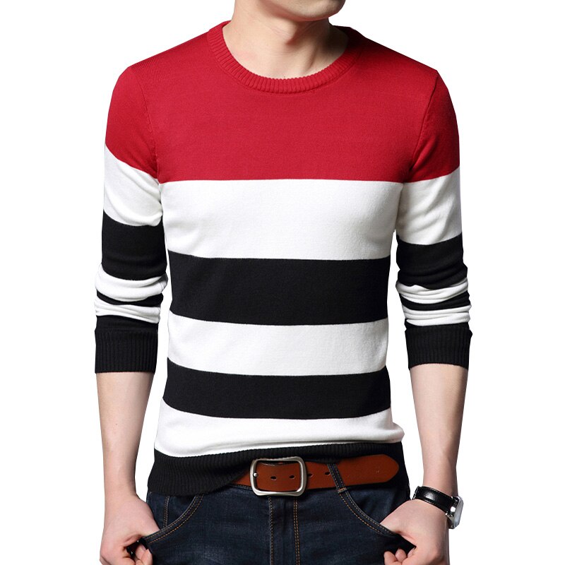 Misniki efterår afslappet herre sweater o hals stribet slim fit strik herre sweatere pullovere herre pull homme s -3xl jp52