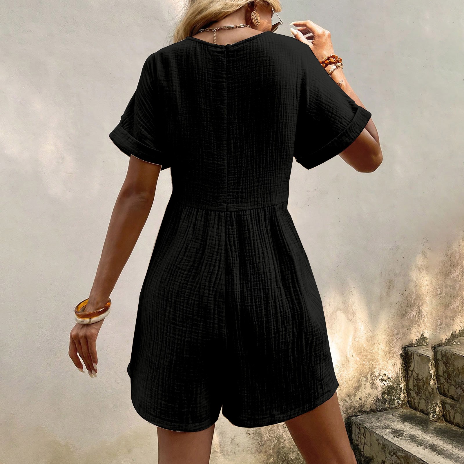 Zomer Playsuits Katoenen Linnen Dames Korte Rompertjes Overalls Effen V-Hals Zak Rug Rits Korte Mouw Jumpsuit Dames