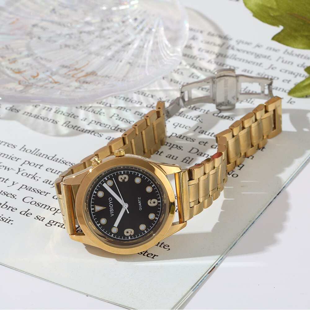 Montre parlante anglaise avec fonction d'alarme, Date et heure parlantes, cadran noir, fermoir pliant, étiquette de boîtier en or-701