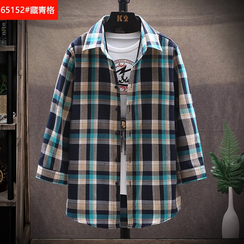 shirt Business casual autumn long sleeve men shirts brand plaid men Plus Size chemise homme: navy blue grid / XXXL
