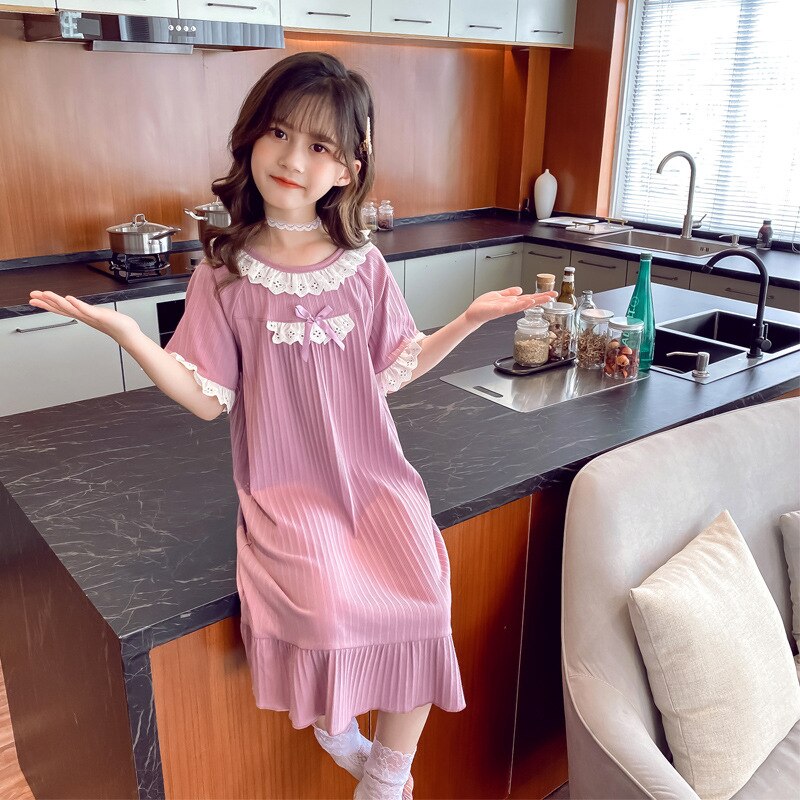 Camisón de algodón suave con lazo para niñas y niños, ropa de dormir para el hogar, albornoz de noche, Verano