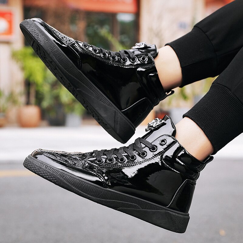 Mannen Herfst Lente Krokodil Patroon Enkellaarsjes Flats Schoenen Hoge Top Zwart Casual Schoenen Mannen Vulcaniseer Sneaker Zapatos De mujer
