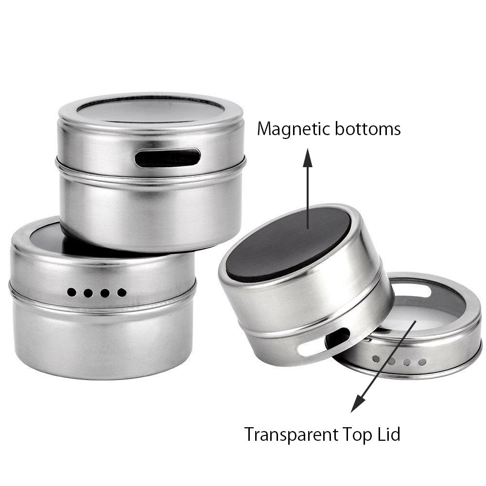 12pcs/set Clear Lid Magnetic Spice Tin Jar Stainless Steel Spice Sauce Storage Container Jars Kitchen Condiment Holder Houseware