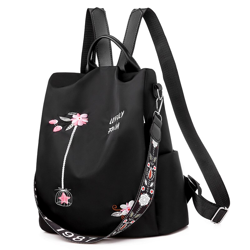 Sommer Multifunktionale Anti-diebstahl Rucksäcke Oxford Tuch Schulter Taschen für Jugendliche Mädchen Große Kapazität Reise Schule Tasche: Stickerei-Schwarz