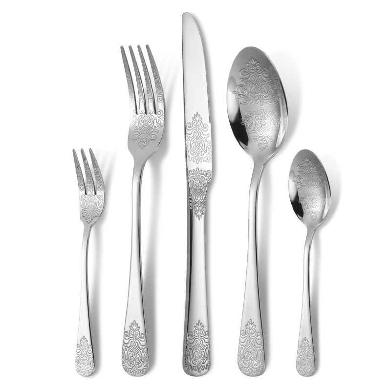 5-teiliges Messer aus Edelstahl, Gabel, Löffel-Set mit gemustertem Totem-Geschirr, Steakmesser und Gabel im westlichen Stil: Silber