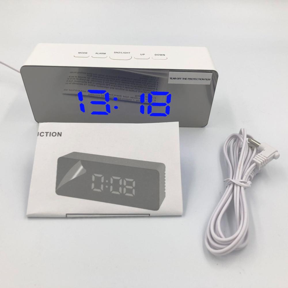 LED Electronic Alarm Clock USB Digital Mirror Clock Morning Table Clock Wake Up Light Time Temperature Display Home Decoration