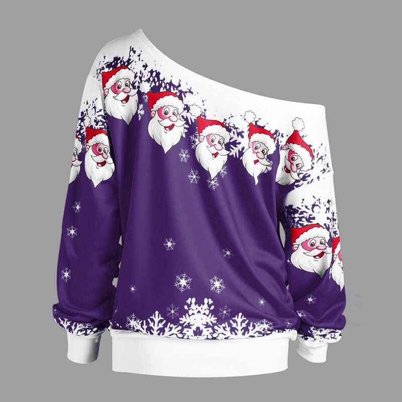 Plus Size Women Sweatshirt Merry Christmas Santa Claus Print Skew Collar Sweatshirt Blouse Xmas Printed Tops Christmas