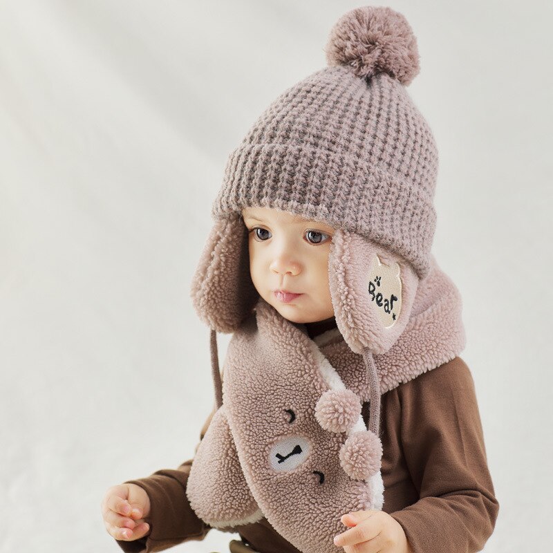 Set van 2 winterse babymutsen, sjaals en mutsen met pompons voor kinderen, voor meisjes en jongens, met fleecevoering en mutsen voor kinderen.: Khaki