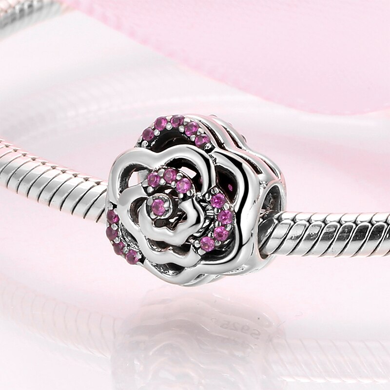 Pink Zircon Garden Flowers 925 Sterling Silver Charm for Women Original Charm Bracelet Jewelry Making