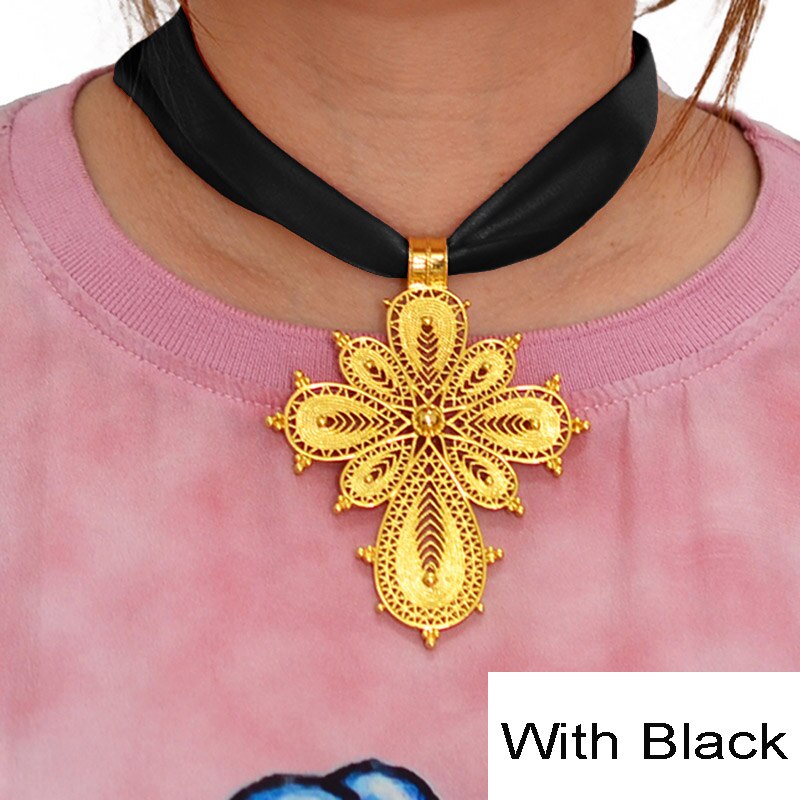 Anniyo Ethiopian Cross Pendant DIY Rope Chain for Women Girls,Gold Color Eritrea Jewelry African Crosses #217006: Black