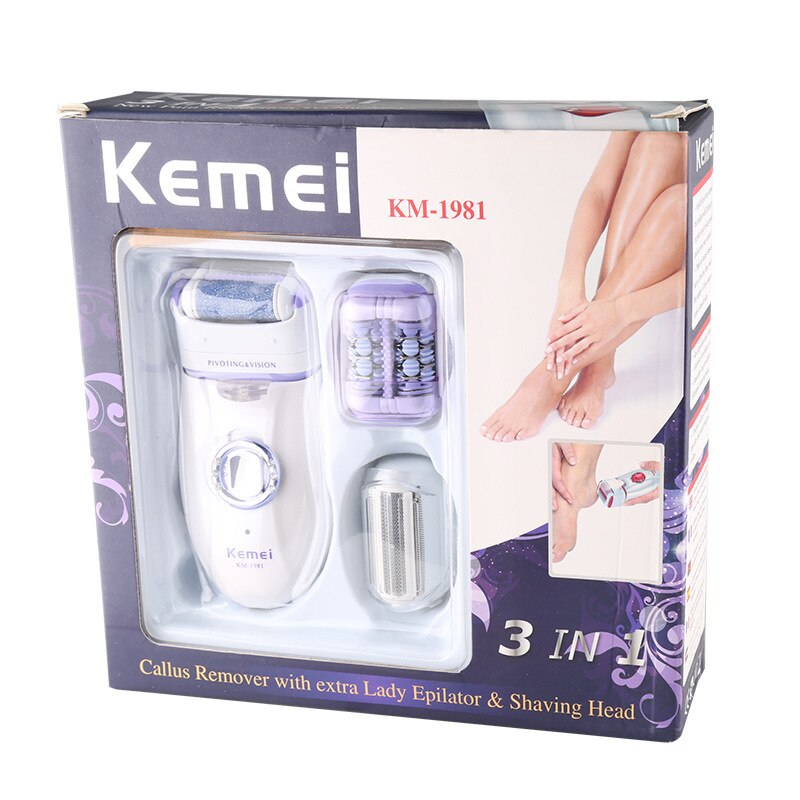 Kemei 3 in 1 elektrisk epilator kvinder kvinde ansigt hårfjerning dame elektronisk fodfil kvindelig depilations maskine genopladelig: Lyserød