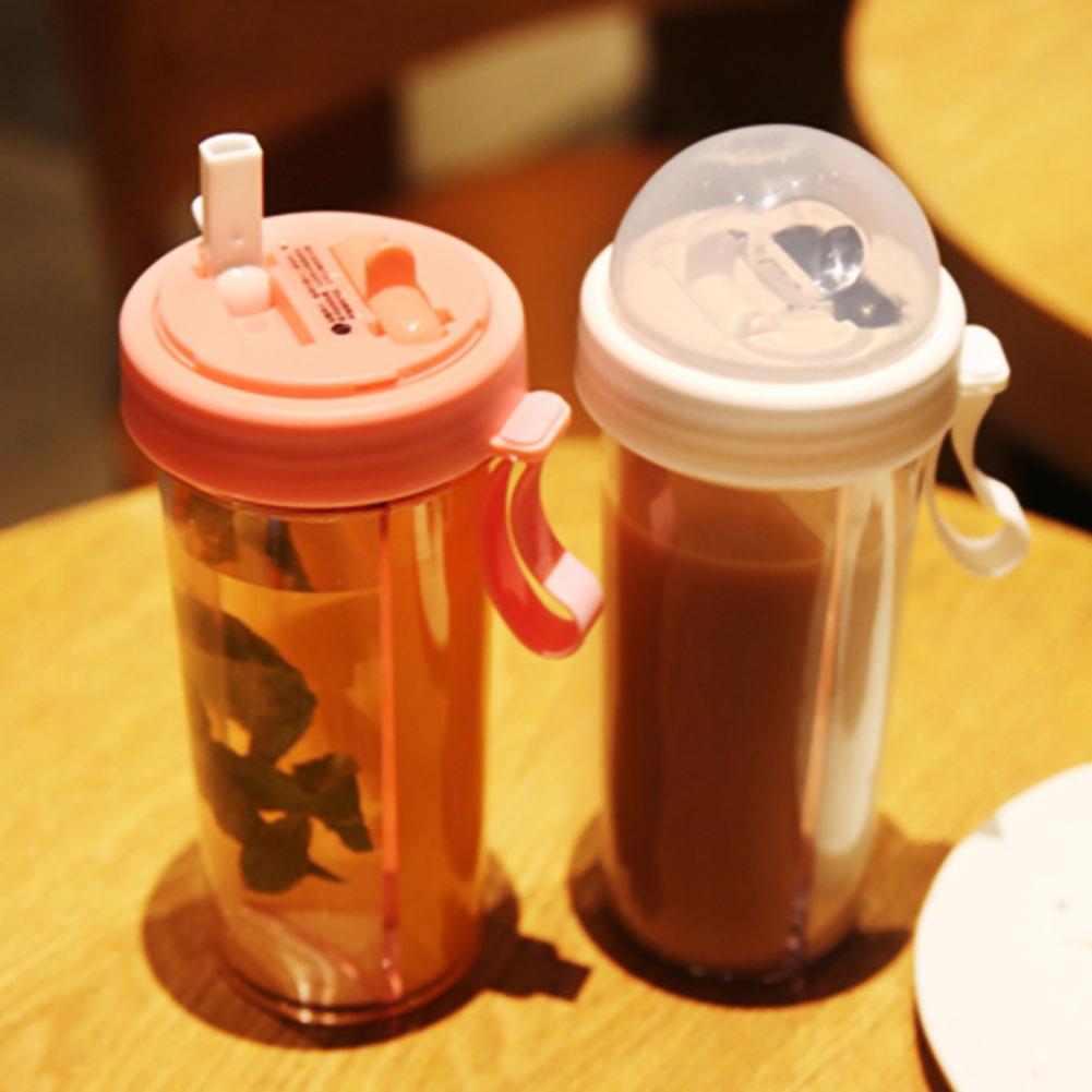420/600ml Portable Dual Straw Separate Drink Water Beverage Bottle Couples