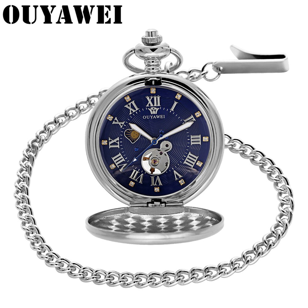 OUYAWEI Luxury Golden Moon Phase Mechanical Pocket Watch Roman Number Tourbillon Dial Pendant Chain Men Women