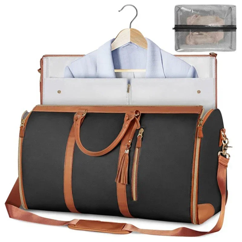 , bolsa grande de almacenamiento plegable de PU para traje, bolsa plegable de viaje para mujer, bolsa de ropa práctica, bolsa de lona, bolsa de viaje de negocios para mujer: Castaño