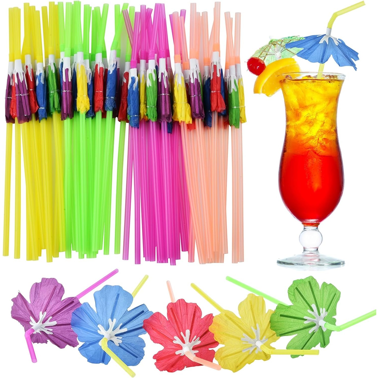 50 Uds pajitas de paraguas, paraguas de bebidas de cóctel pajitas de barra de flores elegantes, pajitas de hawaiana Tropical Summber Beach Luau Tiki