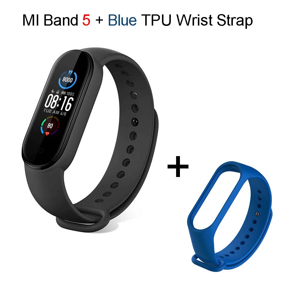 Xiaomi mi band 5 relógio inteligente, pulseira fitness, pedômetros para caminhar, monitor de frequência cardíaca, pedômetro, monitoramento de calorias à prova d&#39;água: Global Add Blue