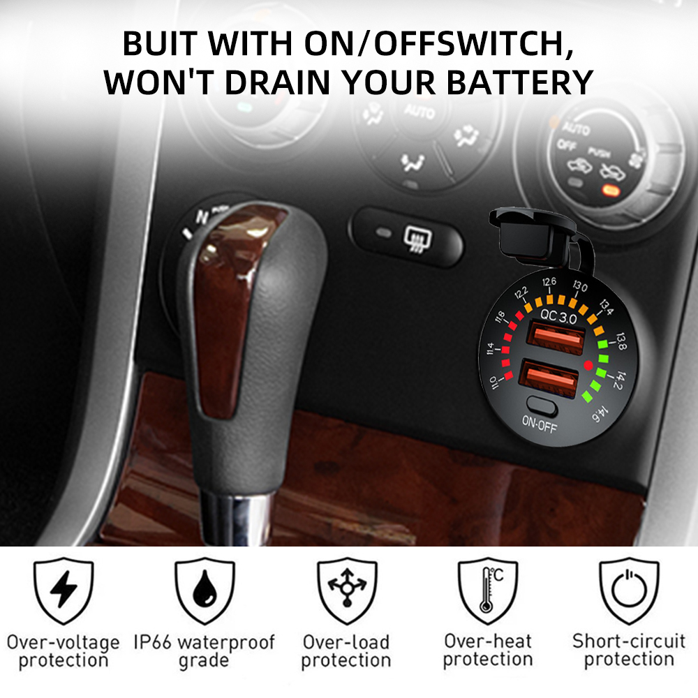Cargador de coche USB Dual QC 3,0, 36W, 12V, 24V, salida PD impermeable, carga rápida con voltímetro LED, interruptor de encendido y apagado, accesorios para coche
