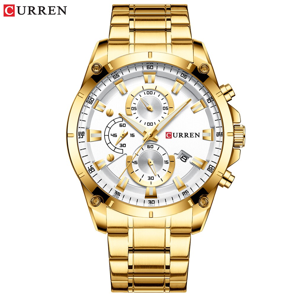 Relojes CURREN de lujo para hombre, Correa deportiva de acero inoxidable, cronógrafo, reloj de pulsera de cuarzo con fecha automática, reloj Masculino: gold watch