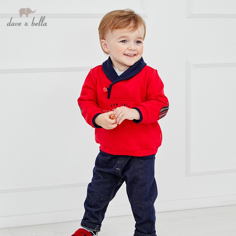 DBS15011 dave bella autumn baby boys handsome letter plaid T-shirt children tops boys kids tees