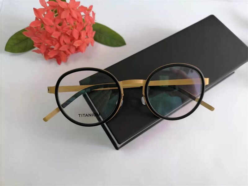 Denemarken Ultralight Bril Ronde Titanium Recept Frame Mannen Vrouwen Schroefloos 9752 Brillen Blauw Licht Bril: Black Golden