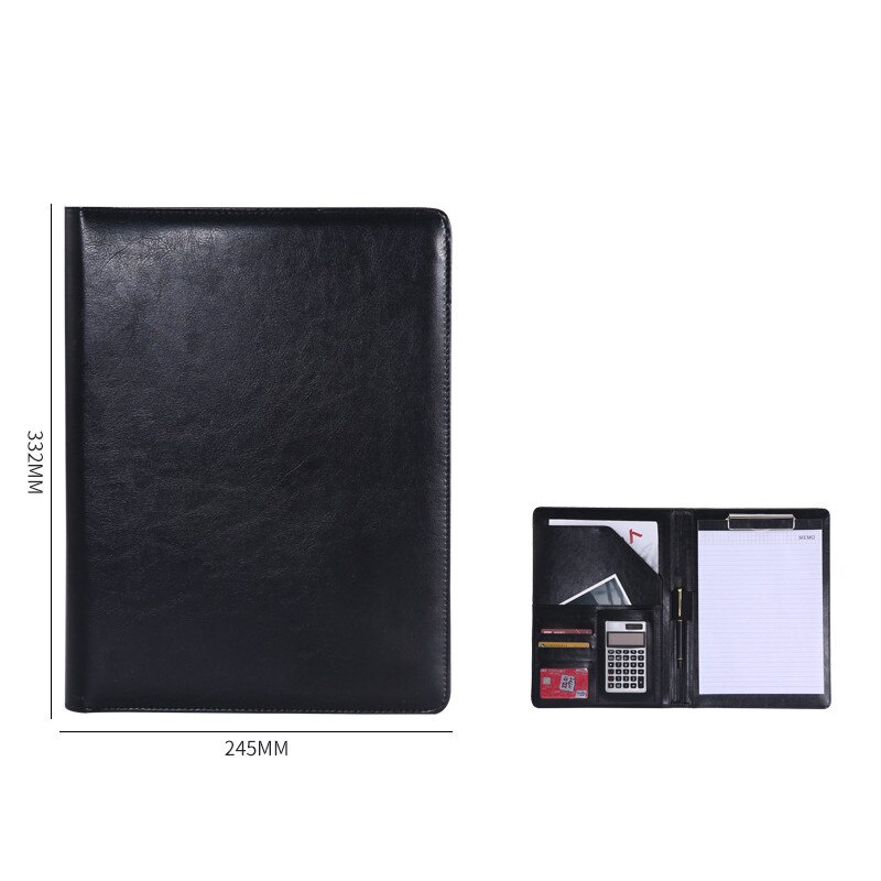 Multifunctionele Padfolio A4 Pu Leather Portfolio Bindmiddel Visitekaartje Document Organisator Conferentie Notepad Map Caculator: Black