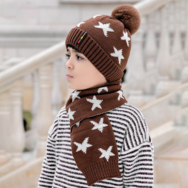 Ensemble de bonnets et écharpes tricotés pour enfants, 2 pièces, épais et chauds, avec pompon, accessoires pour vêtements, pour garçons, automne hiver: COFFEE