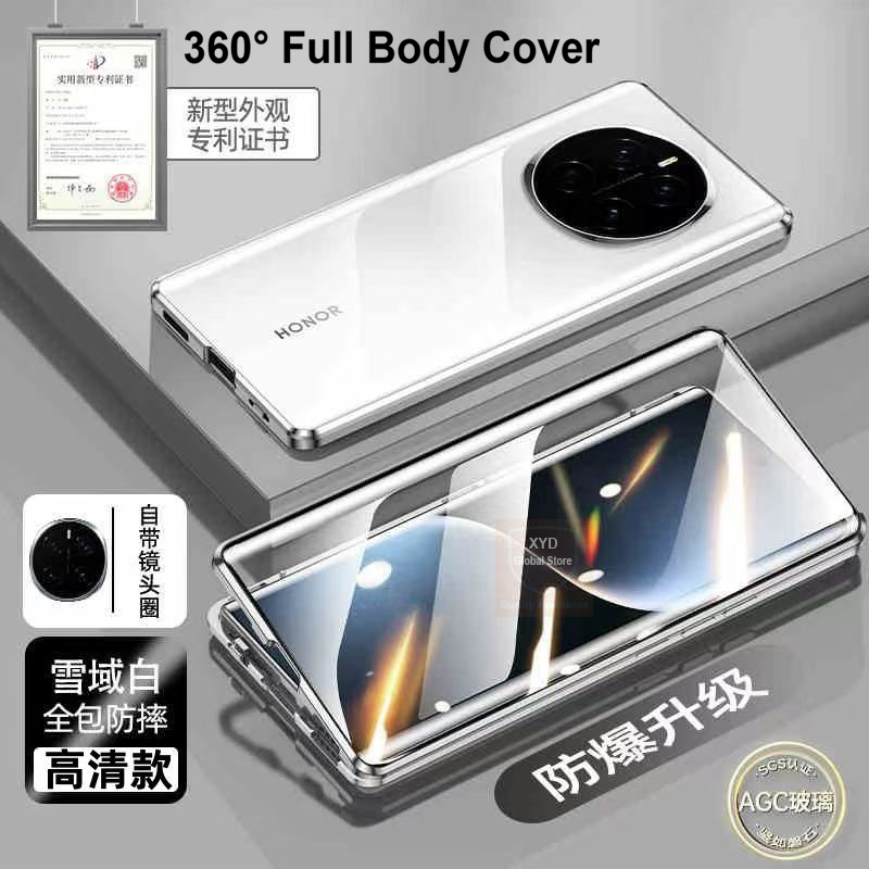 For Honor Magic7 Pro Magic 7 Case Tempered Glass Cover Case For Honor Magic 7 Pro 360 Full Body Flip Metal Magnetic Double Sided: Acrylic / black