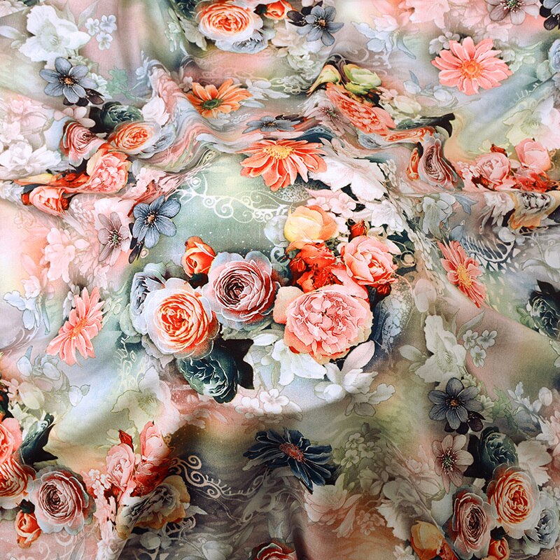 High Grade Digital 3D Printing Cotton Silk Fabric Dress Brocade Sewing By The Meter Floral Plant Color Geometric Printed DIY