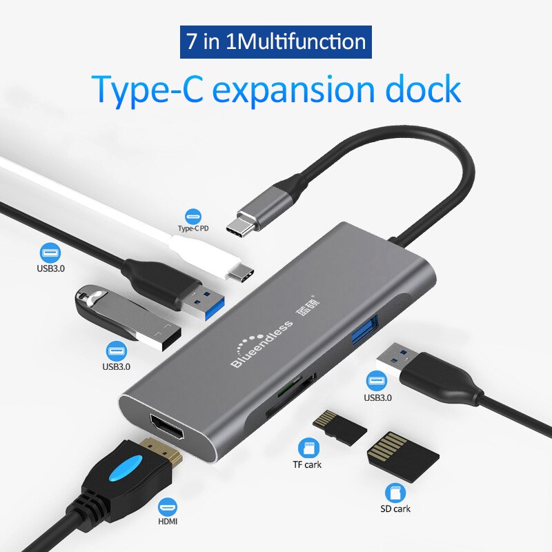 2019 novo conversor 10 em 1 adaptador usb c hub, tipo-c para hdmi usb 3.0 rj45 pd doca adaptador hub para macbook laptop: 7 In 1