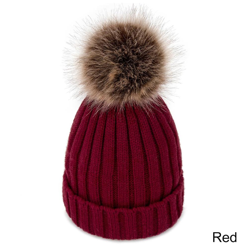 Women's Winter Hats Knit Plus Velvet Warm Beanie Hat Ladies Solid Color Pom-pom Hat Clothing Accessories: red