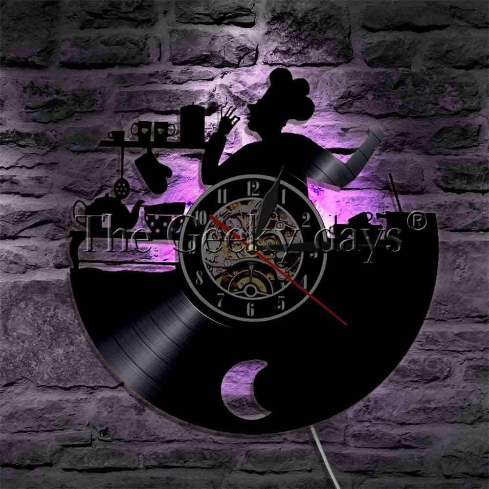 Kitchen Vinyl Record Wall Clock Modern Cooking Room 3D Decoration LED Clock Wall Watch Home Decor for Chef 12 inch