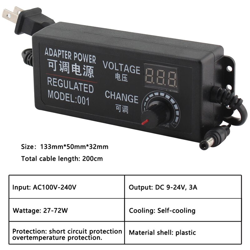 Digital skærm strømforsyningsadapter ac til  dc 100v-240v rækkevidde 3v-9v-12v-24v justerbar spænding uk us type stik