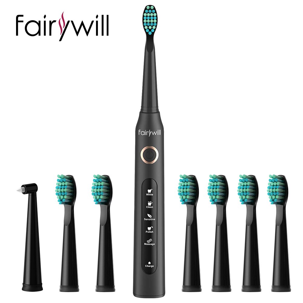 Fairywill Ultrasonic Automatic Electric Toothbrush Timer 5 Modes Rechargeable Toothbrush USB Fast Charging with 3 Brush Heads: FW-ET507-FW02