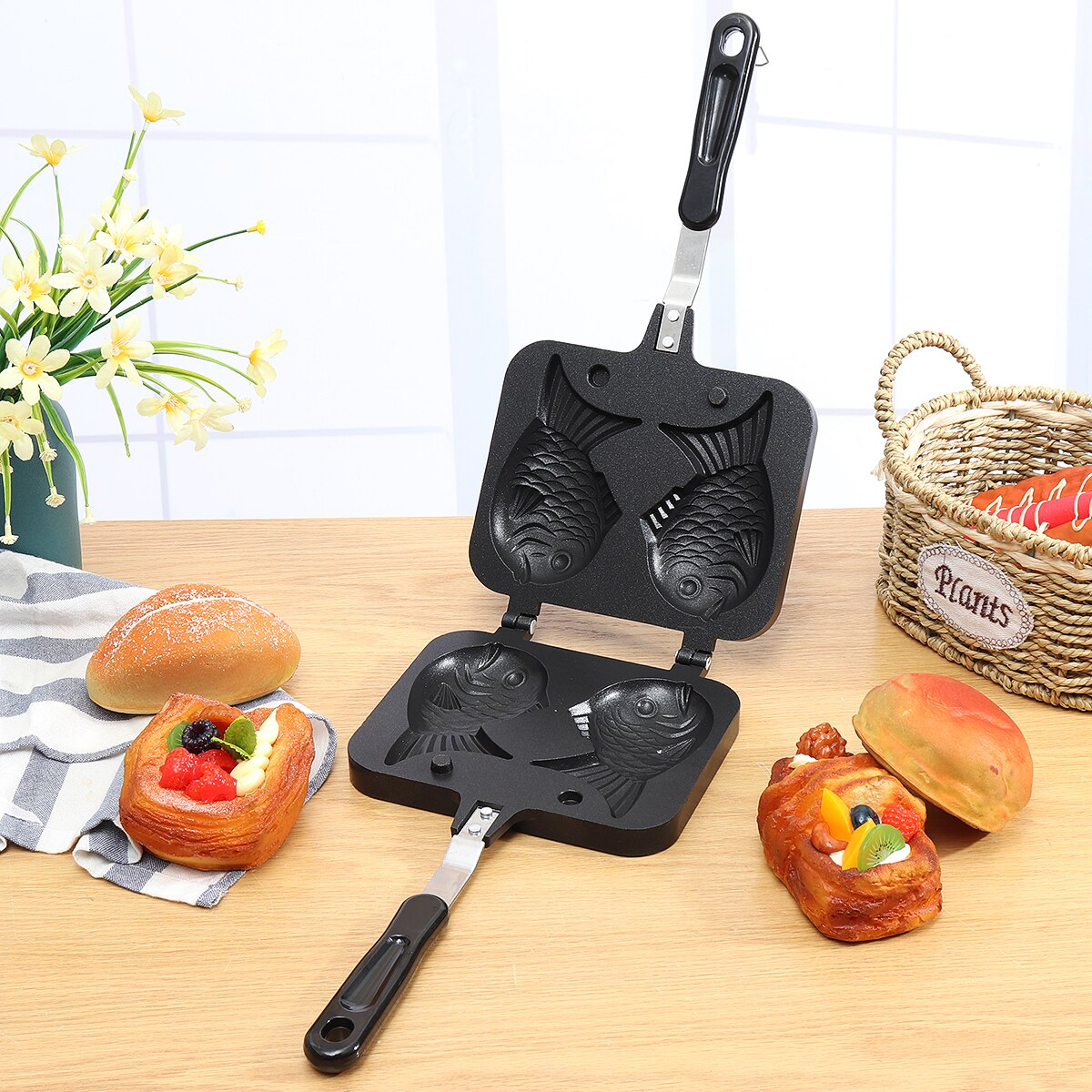 Sartén para gofres en forma de pez Taiyaki, 2 moldes, antiadherente, para hornear pasteles, utensilios de cocina para el hogar, DIY, plato para postre