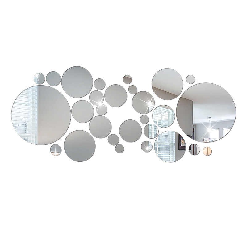 28 pièces 3D miroir autocollant mural rond miroir bricolage TV fond salle de bain autocollants mur chambre décoration de la maison miroir TV fond: Argent