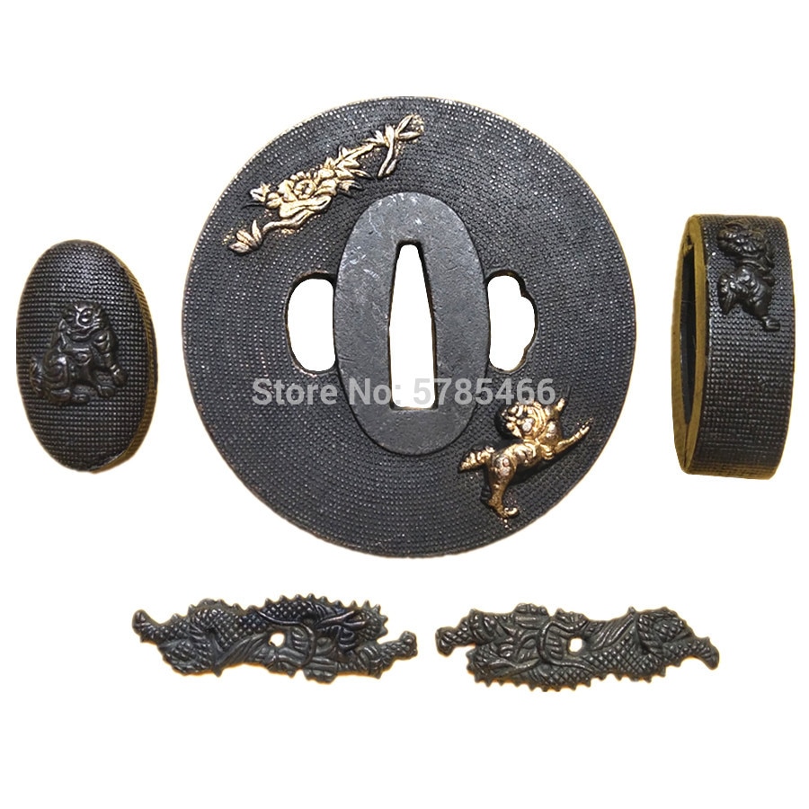 Een Set Leeuw Thema Legering Fitting Japanse Katana Wakizashi Zwaard Accessoires Diy Tsuba + Fuchi + Kashira + Menuki