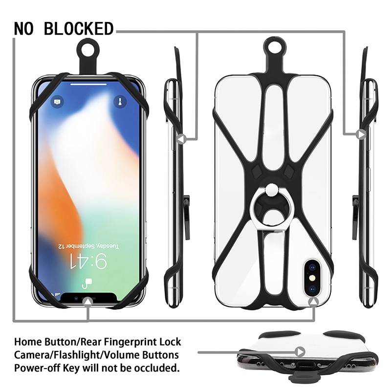 Super-Grip Telefoon Security Neck Strap Mobiele Telefoon Siliconen Touw Lanyard Ring Houder Stand Voor Iphone 8 X Xr samsung Sony Xiaomi