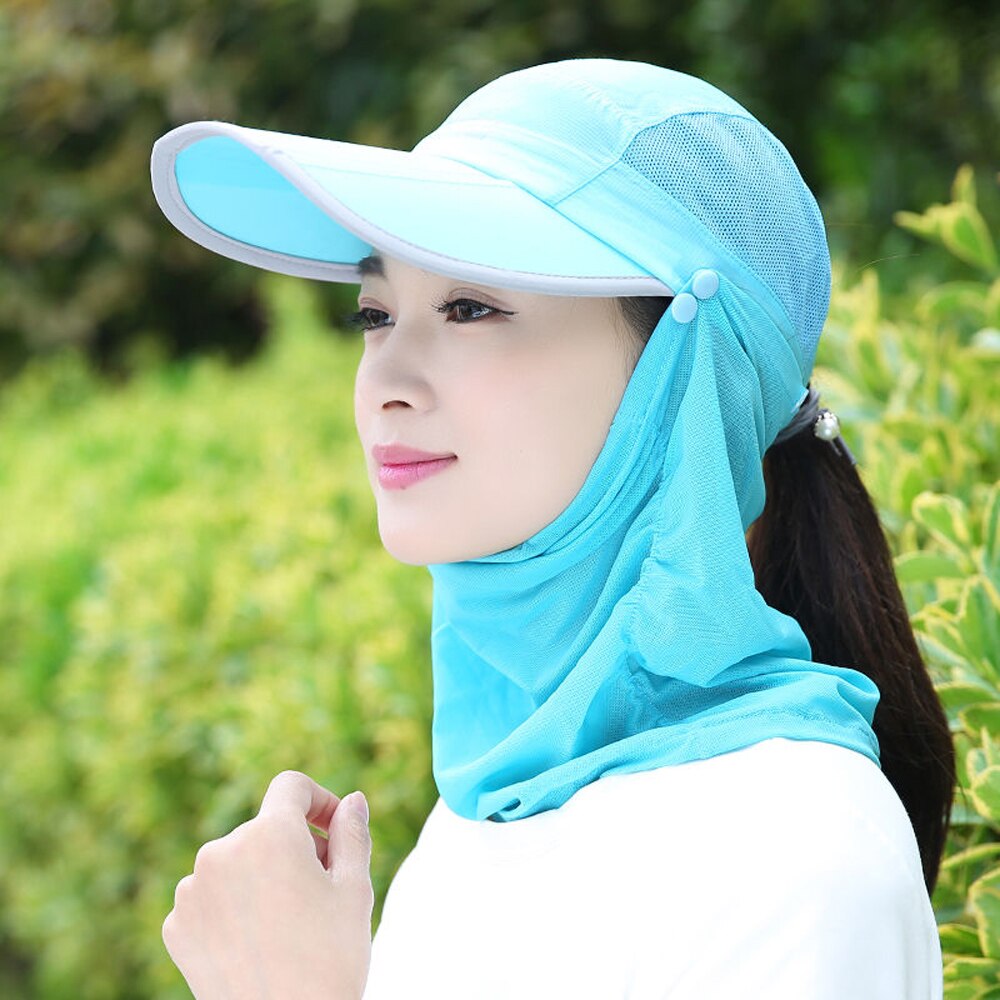 Chapeau à rabat solaire à 360 degrés pour hommes et femmes, Protection solaire contre les UV, casquette d&#39;été, visière pliable, amovible, masque pour le cou: Blue