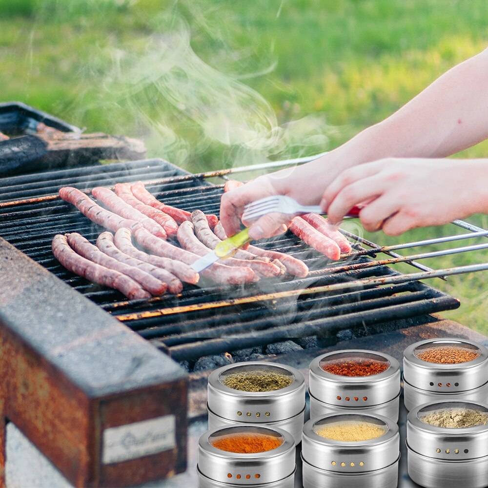 Stainless Steel Magnetic Spice Jars Tins Container Set with Clear Lid Labels Magnetic Spice Tins Jars Seasoning Pepper Organizer