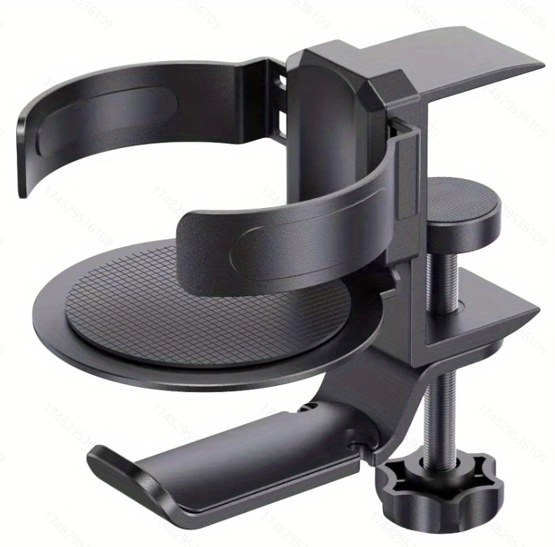 Bureau bekerhouder zwart 2 in 1 - onder tafel hoofdtelefoonhouder mechanisch telescopisch anti-lek bekerholster, 360 ° Rotatiehanger A: Black