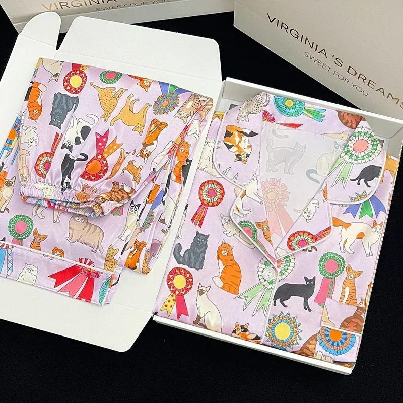 Kawaii jovem menina pjs cetim homewear longo curto moda pijama bonito gato impressão verão novo pijama fino para mulher seda casa conjunto