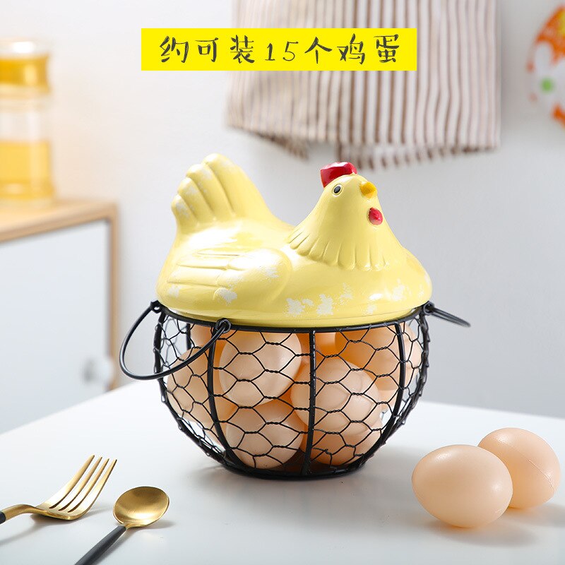 Cesta de cerámica con soporte para huevos, cesta de cerámica para colección de huevos, pollo, alambre y fruta, decoración de cocina, almacenamiento, 19cm x 22cm: Yellow / L size --25 eggs