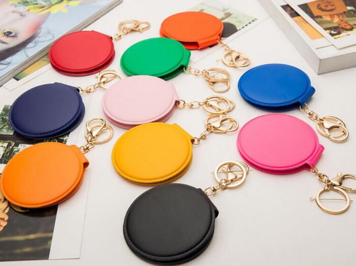 10pcs/lot Mini PU Leather Pocket Makeup Mirror Portable Key Chain Cosmetic Compact Double Mirrors for Girls