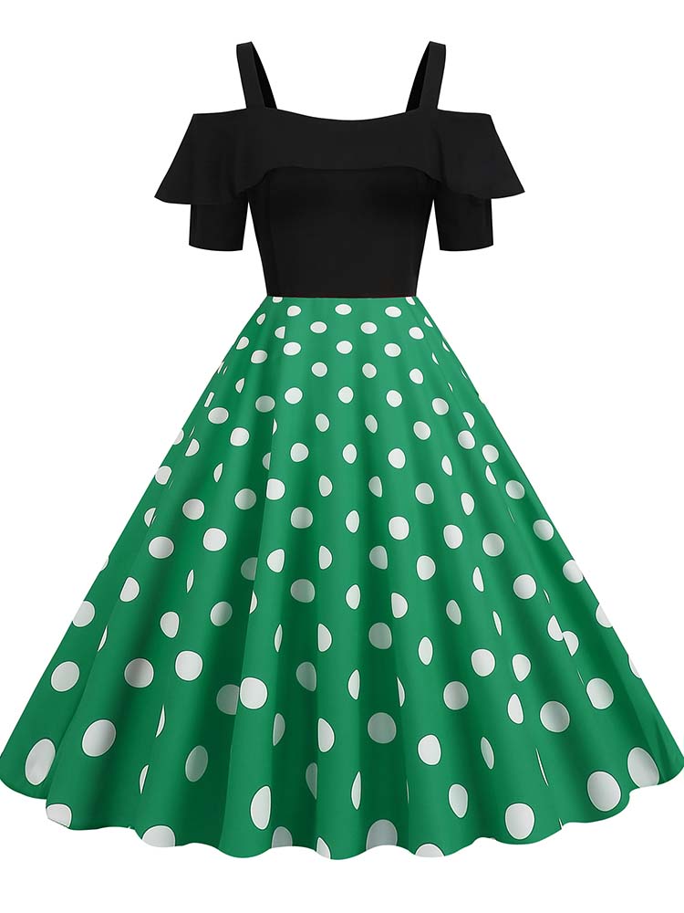 Vestido de Vintage con hombros descubiertos, vestidos Midi de línea A con volantes y lunares de verano para mujer