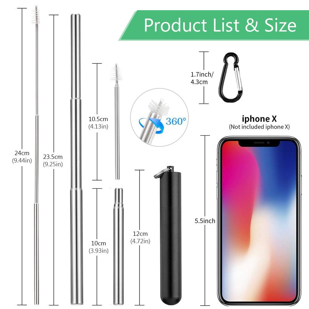3 Section Telescopic Metal Drinking Straw Portable Straw for Travel Reusable Collapsible Stainless Steel Straw with Case & Brush