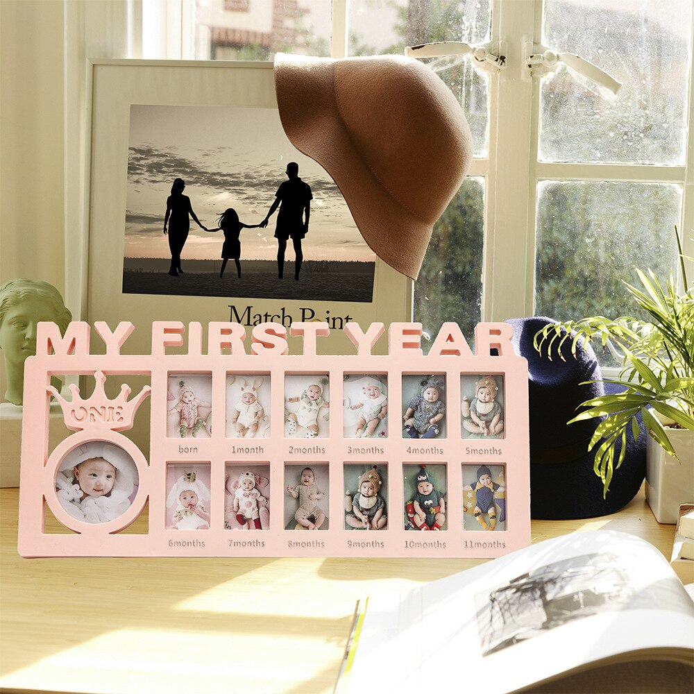 Handprint Footprint Photo Frame Baby Foot and Hand Print 12 Months Birth Sign Announcement Board Newborn Accessories Items: pink